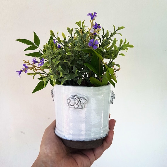 Handmade Farmhouse Pottery Planter: Shabby Chic White Rose Decor