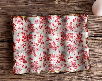 Handmade Red Floral Ceramic Egg Tray: Vintage Kitchen Decor