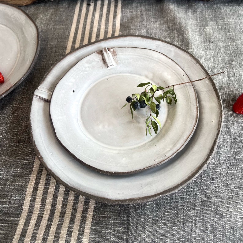 White rustic dinner set,Handmade stoneware plate set,dinner plate and side plate zdjęcie 2