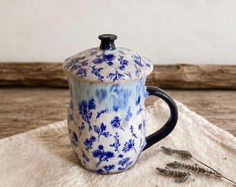Handmade lidded tea mug,Blue white ceramic tea cup,Tea cup with lid,Floral pottery,Cottagecore,coffee mug,Rustic cottage kitchen gift