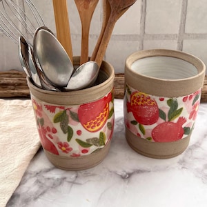 Ceramic utensil holder ,Utensil jar,handmade, pottery ,Cutlery holder,kitchen utensils ,Country kitchen decor,art pomegranate