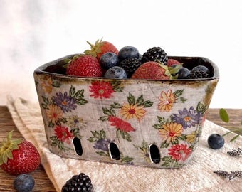 Floral berry basket,ceramic berry bowl,pottery fruit bowl,shabby chic ,french country,rustic decor,egg holder