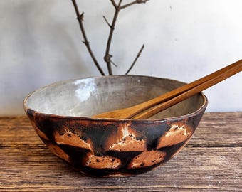 Rustic beige and brown serving bowl,large salad bowl,fruit bowl,farmhouse kitchen decor,Folk Art pottery