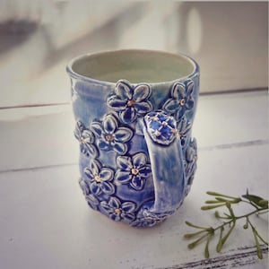 Handmade Blue Floral Porcelain Mug,elegant mug,14oz Gold Ceramic Coffee Mug,cappuccino cup ,gift for grandma,one of a kind mug