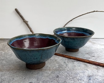 Set of two blue stoneware bowls,handmade soup  bowls,rice bowls,faceted bowls,cereal bowl,japanese pottery