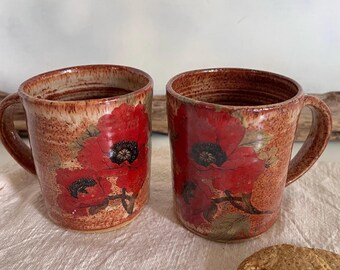 Rustic Stoneware Coffee Mug Set, Brown Speckled Ceramic Cups,coffee cups,set floral mugs,rustic home decor