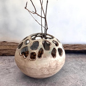 Rustic beige ceramic round vase with organic cutouts,earthy home styling,planter for succulents,candle holder,minimalist decor
