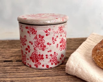 Red Floral Pottery Butter Dish: French Butter Keeper Crock