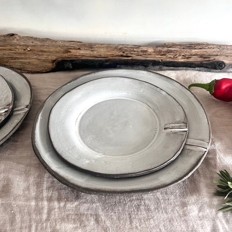 White rustic dinner set,Handmade stoneware plate set,dinner plate and side plate zdjęcie 1