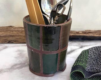 Handmade Dark Green Ceramic Utensil Holder: Rustic Kitchen Organizer