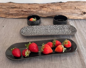 Black Stoneware Chip and Dip Bowl Set: Handmade Pottery Snack Dish