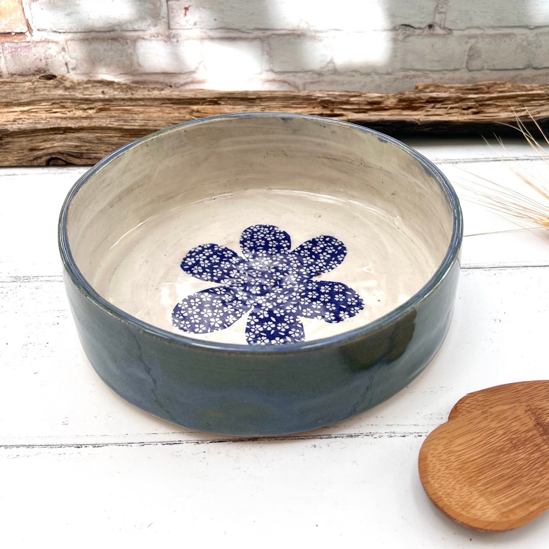 Rustic Blue Floral Ceramic Bowl,handmade Stoneware Baking Dish ,fruit ...