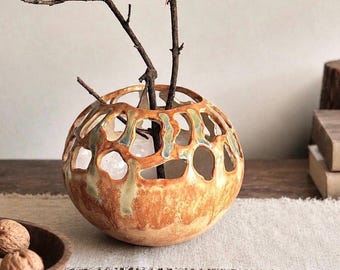 Rustic beige ceramic round vase with organic cutouts,earthy home styling,planter for succulents,candle holder,minimalist decor