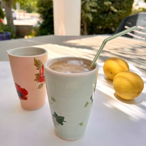 Green floral iced coffee tumbler /pastel green ,pink porcelain cups ,handmade mug flower ,herbal tea cup ,Beach house decor