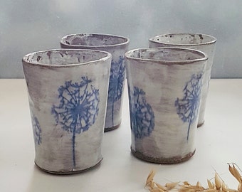 Blue and white pottery floral cup ,Dandelion decor,Army brat,rustic pottery ,ceramic wine cup ,handmade  stoneware tumbler ,MADE TO ORDER