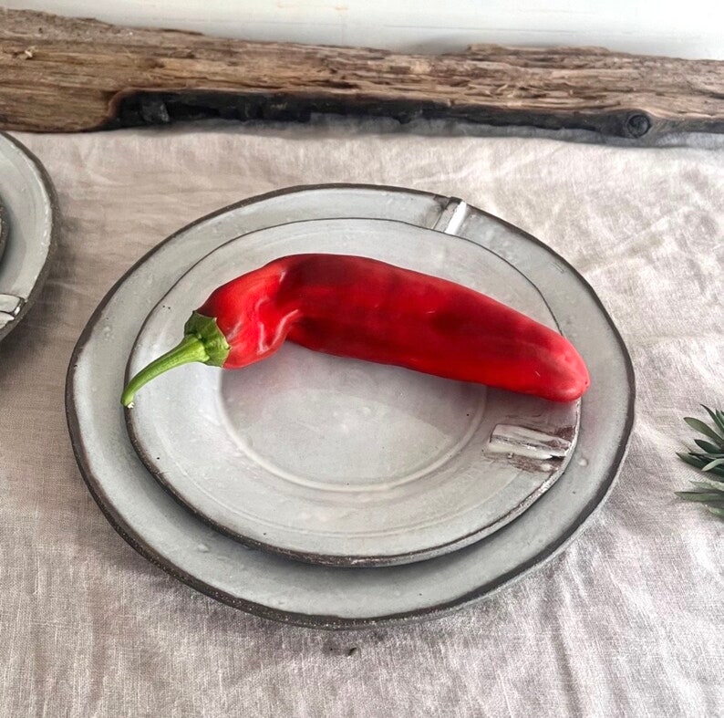 White rustic dinner set,Handmade stoneware plate set,dinner plate and side plate zdjęcie 4