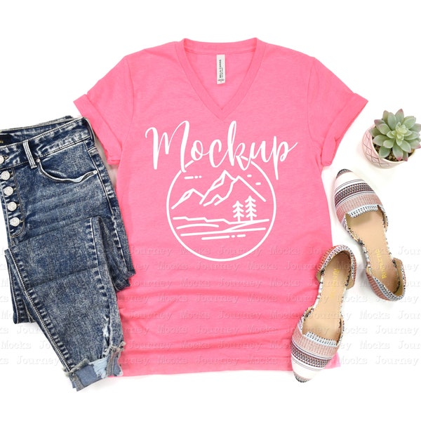 3005 Neon Pink | Bella Canvas 3005 Mockup | V Neck T Shirt Mockup Flat Lay | Lifestyle Mockup | Summer V-Neck Tshirt |  Digital Mock Up