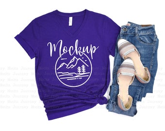 3005 Team Purple | Bella Canvas 3005 Mockup | V Neck Mockup Flat Lay | Lifestyle Mockup | 3005 V-Neck | Summer Tshirt |  Digital Mockup