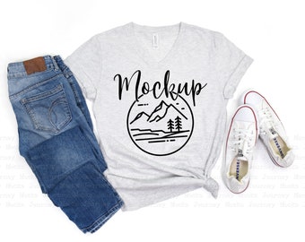 3005 Ash | Bella Canvas 3005 Mockup | V Neck Mockup Flat Lay | Lifestyle Mockup Spring | 3005 Ash V-Neck | Summer Tshirt |  Digital Mockup