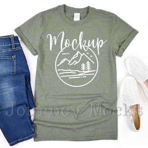 Gildan 64000 Heather Military Green Mockup | Gildan Softstyle Mockup Unisex Tshirt | 64000 Mockup Flat Lay | White Background | Digital
