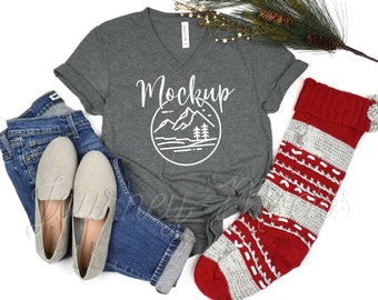 3005 Christmas Mockup Deep Heather | Bella Canvas 3005 Xmas Mockup | V Neck Winter T Shirt Flat Lay | 3005 Seasonal Lifestyle Mockup