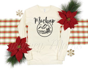 3501 Christmas Mockup Natural | Bella Canvas 3501 Mockup | 3501 Mockup | Long Sleeve Holiday Mockup | 3501 Seasonal Lifestyle Flat Lay