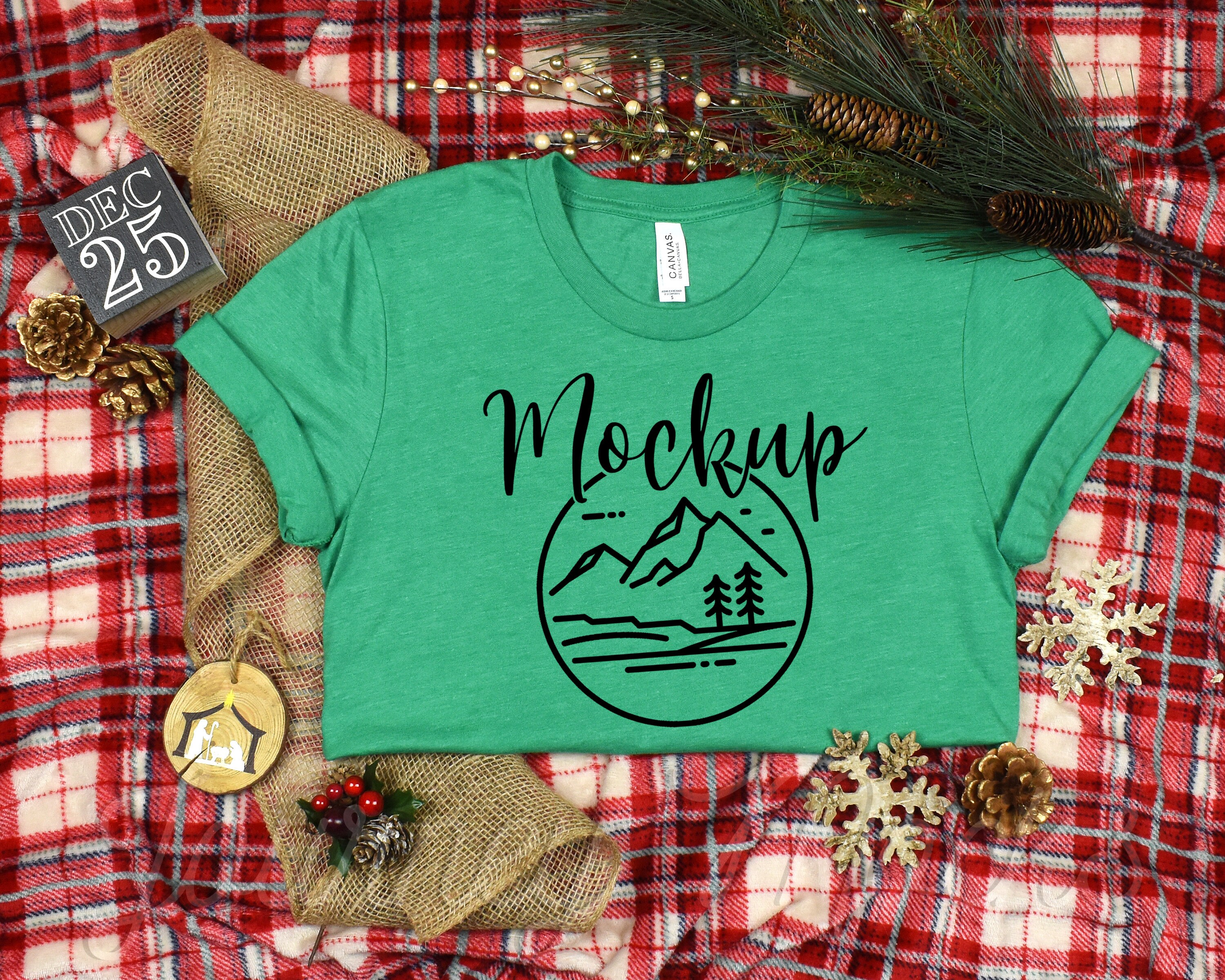 3001 Christmas Mockup Heather Kelly | Bella Canvas 3001 Xmas Mockup | 3001 Bella Mockup | Winter Tshirt Flat Lay | Seasonal Lifestyle Mockup