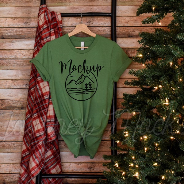 3001 Hanging Christmas Mockup | Leaf Green | Bella Canvas 3001 Xmas Mockup | Festive Winter T Shirt Mockup | Seasonal Lifestyle Mockup