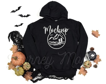 Maqueta de Halloween Gildan 18500 Negro / Maqueta Gildan 18500 / Maqueta de sudadera con capucha de otoño 18500 / Sudadera de Halloween Flat Lay / Maqueta de sudadera con capucha Gildan