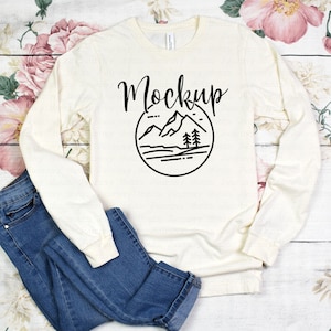 Bella Canvas 3501 Mockup Natural | 3501 Mockup | Bella Canvas Flat Lay | Women&#39;s Long Sleeve T Shirt Flat Lay | Cute Lifestyle Mock Up