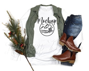 3501 Christmas Mockup White | Bella Canvas 3501 Mockup | 3501 Mockup | White Long Sleeve Holiday Mockup | 3501 Seasonal Lifestyle Flat Lay