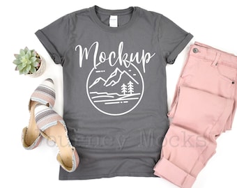 Gildan 64000 Charcoal Mockup | Gildan Softstyle Mockup Unisex Tshirt | 64000 Mockup Flat Lay | Gildan T Shirt Mock Up | White Background