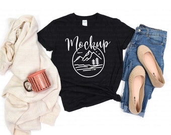 Black Gildan 64000 Mockup | Gildan Softstyle Tshirt Fall Mockup | 64000 Mockup Flat Lay | Gildan T Shirt Mock Up | Lifestyle Digital Mockup
