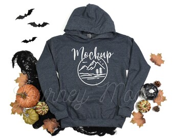 Gildan 18500 Halloween Mockup Dark Heather | Gildan 18500 Mockup | 18500 Fall Hoodie Mockup | Halloween Sweatshirt Flat Lay | Gildan Mockup