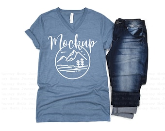 3005 Heather Slate | Bella Canvas 3005 Mockup | V Neck T Shirt Mockup Flat Lay | Lifestyle Mockup | 3005 V-Neck Tshirt Flat Lay |  Digital