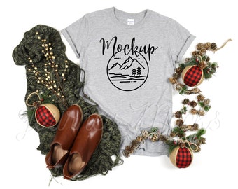 Gildan 64000 Christmas Mockup Sport Grey | Gildan 64000 Holiday Mockup | 64000 Seasonal Mockup | Christmas Tshirt Flat Lay | Gildan 64000