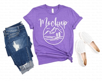 Maqueta Bella Canvas 3001 / Heather Team Purple / Maqueta 3001 / Bella Canvas Flat Lay / Flat Lay Mockup / Maqueta de camiseta / Fondo blanco