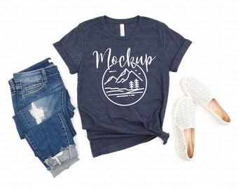 Bella Canvas 3001 Mockup | Heather Navy | 3001 Bella Canvas Flat Lay | Flat Lay Mockup | Tshirt Mockup | White Background | Digital Download