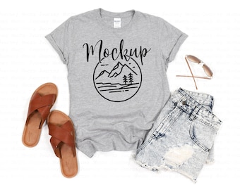 Gildan 64000 Mockup | Sport Grey | Gildan Softstyle Tshirt Mockup | 64000 Mockup Flat Lay | Lifestyle Gildan Mockup | 64000 Flat Lay