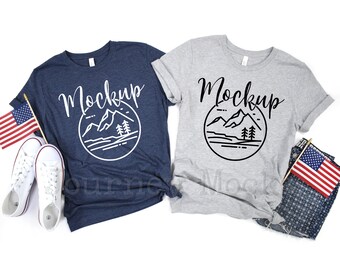 4th of July Mockup | Athletic Heather & Heather Navy Bella Canvas 3001 Mockup | Styled Fourth of July Duo Group Mock Up | July 4th Flat Lay