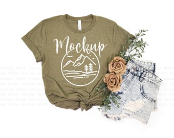 3001 Heather Olive | Bella Canvas 3001 Mockup | 3001 Mockup | Bella Canvas Flat Lay | Tshirt Mock Up | Boho Lifestyle Mockup | Bella Mockup