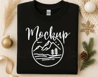 Black Gildan 18000 Sweatshirt Mockup, Christmas Flat Lay, Crewneck Mock-Up, Styled Photo, Blank Sweatshirt Template, Digital Download