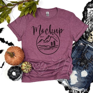 Gildan 64000 Halloween Mockup Heather Maroon | Gildan 64000 Mockup Halloween | 64000 Fall Mockup | Halloween Tshirt Flat Lay | Gildan 64000