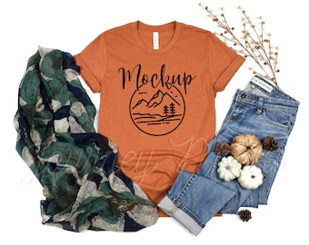 3001 Heather Autumn | Bella Canvas 3001 Mockup Fall | 3001 Bella Mockup | Bella Canvas Fall Tshirt Flat Lay | Lifestyle Seasonal Fall Mockup