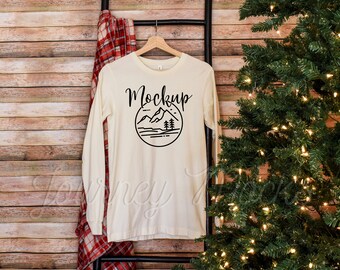 3501 Hanging Christmas Mockup Natural | Bella Canvas 3501 Seasonal Mockup | 3501 Xmas Mockup | 3501 Long Sleeve Holiday Lifestyle Mockup