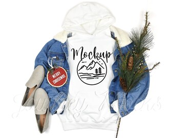 Maqueta de Navidad Gildan 18500 Blanco / Maqueta Gildan 18500 / Maqueta de sudadera con capucha de invierno 18500 / Sudadera navideña Flat Lay / Maqueta Gildan 18500