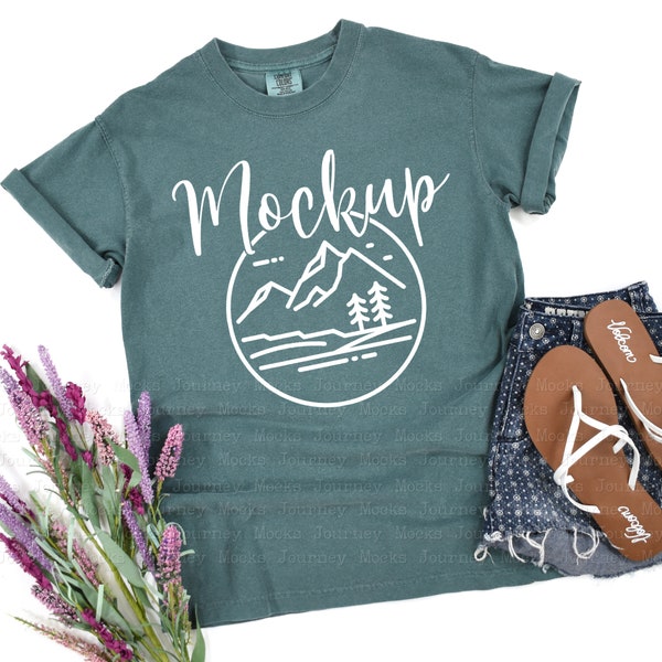 Comfort Colors 1717 Mockup Blue Spruce | C1717 Mockup Flat Lay | Comfort Colors Mockup Spring | Lifestyle Mock Up |  Comfort Colors Flat Lay