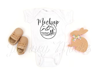 White Rabbit Skins 4400 Easter Mockup | White Baby Body Suit Flat Lay | Simple Baby Mockup | Unisex Baby Lifestyle Mock Up | Digital Mockup