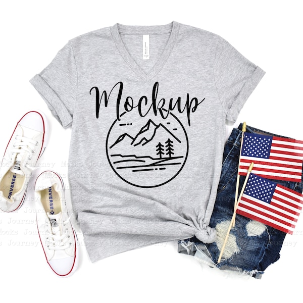 3005 Athletic Heather | 4th Of July Mockup | Bella Canvas 3005 Mockup | V Neck Mockup Flat Lay | Lifestyle Mockup | Fourth Of July V-Neck