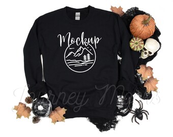 Gildan 18000 Halloween Mockup Black | Gildan 18000 Mockup | 18000 Fall Mockup | Halloween Sweatshirt Flat Lay | Gildan Crew Neck Sweater